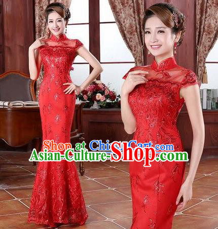 Traditional Chinese Classical Wedding Qipao Dress Bride Red Cheongsam for Women