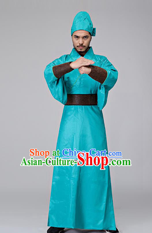 Traditional Chinese Three Kingdoms Period Swordsman Blue Costumes Ancient Drama Knight Clothing for Men