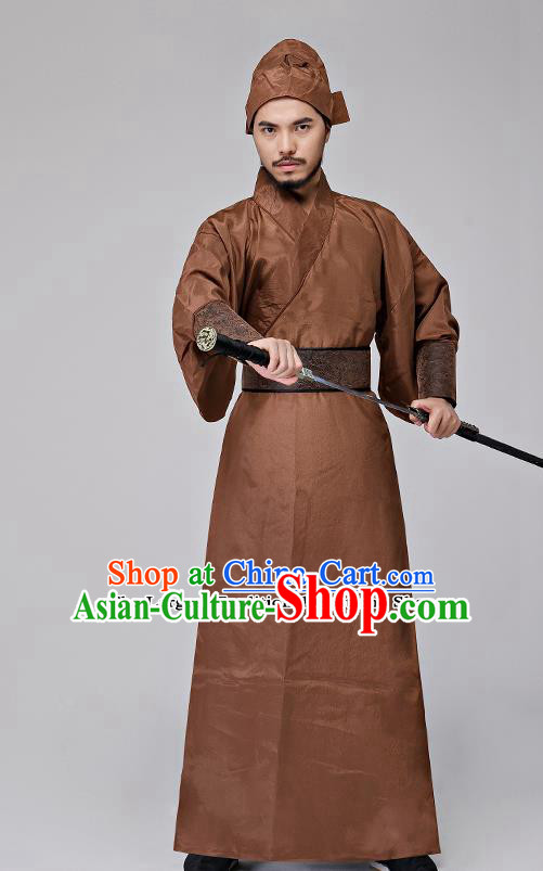 Traditional Chinese Three Kingdoms Period Swordsman Brown Costumes Ancient Drama Knight Clothing for Men