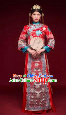 Traditional Chinese Xiuhe Suit Red Wedding Dress Ancient Bride Embroidered Costumes for Women