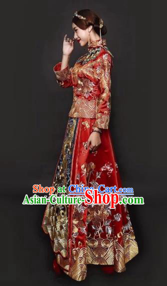 Traditional Chinese Embroidered Xiuhe Suit Red Wedding Dress Ancient Bride Costumes for Women