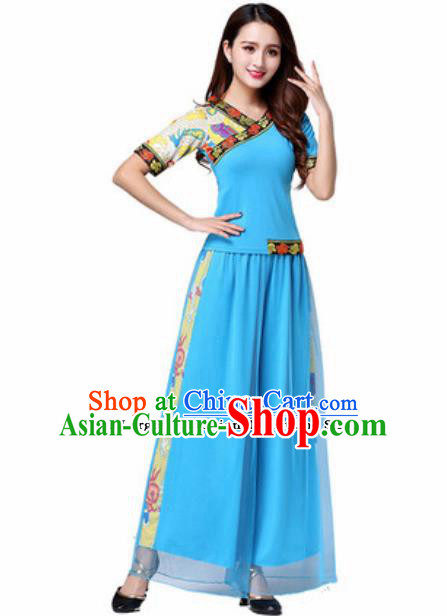 Traditional Chinese Folk Dance Yangko Blue Costumes Group Dance Fan Dance Clothing for Women