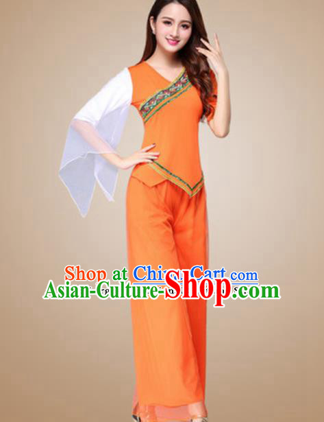 Traditional Chinese Folk Dance Yangko Costumes Fan Dance Group Dance Orange Clothing for Women