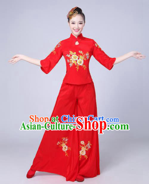Traditional Chinese Folk Dance Fan Dance Yangko Costumes Group Dance Red Clothing for Women
