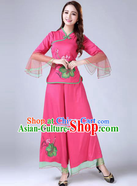 Traditional Chinese Folk Dance Costumes Lotus Dance Yanko Dance Pink Dress for Women