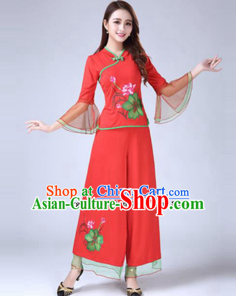 Traditional Chinese Folk Dance Costumes Lotus Dance Yanko Dance Red Dress for Women