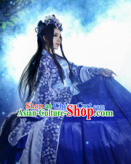 Traditional Chinese Cosplay Swordswoman Blue Costumes Ancient Imperial Consort Hanfu Dress for Women