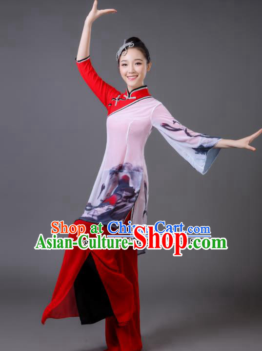 Traditional Chinese Classical Dance Red Costumes Umbrella Dance Yangko Clothing for Women