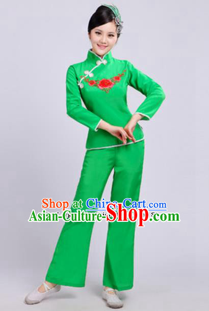 Traditional Chinese Folk Dance Fan Dance Costumes Yanko Dance Group Dance Green Clothing for Women