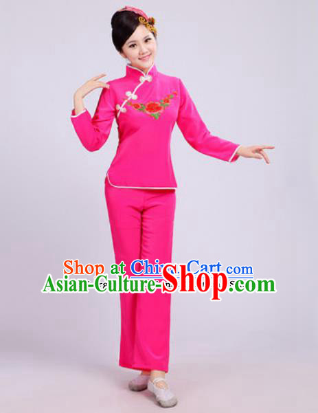 Traditional Chinese Folk Dance Fan Dance Costumes Yanko Dance Group Dance Pink Clothing for Women