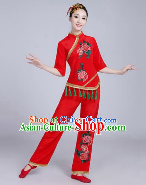 Traditional Chinese Folk Dance Fan Dance Red Costumes Yanko Dance Clothing for Women