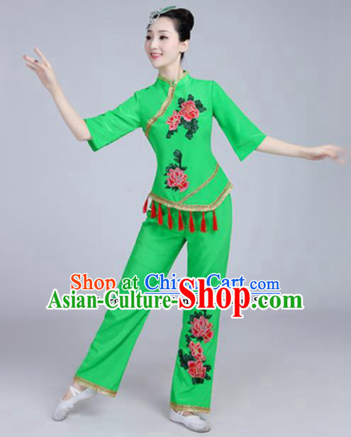 Traditional Chinese Folk Dance Fan Dance Green Costumes Yanko Dance Clothing for Women