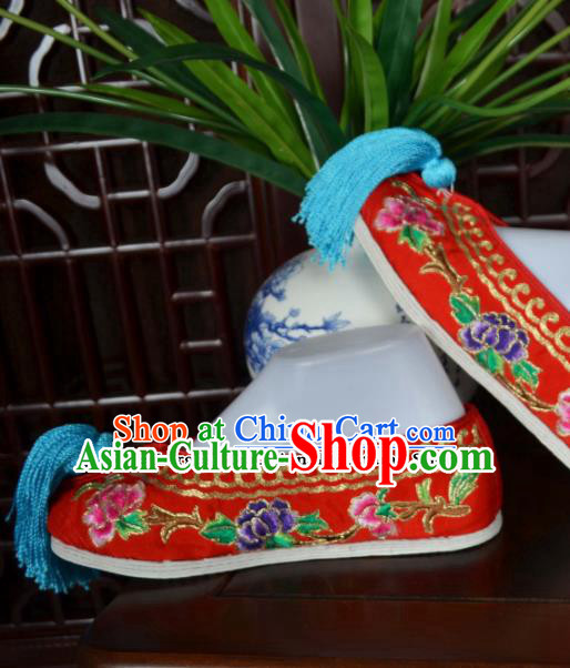 Traditional Chinese Beijing Opera Actress Embroidered Shoes Ancient Princess Red Hanfu Shoes for Women