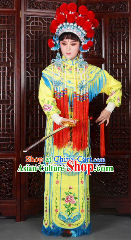 Traditional Chinese Peking Opera Blues Costumes Ancient Female General Yellow Dress and Hat for Adults