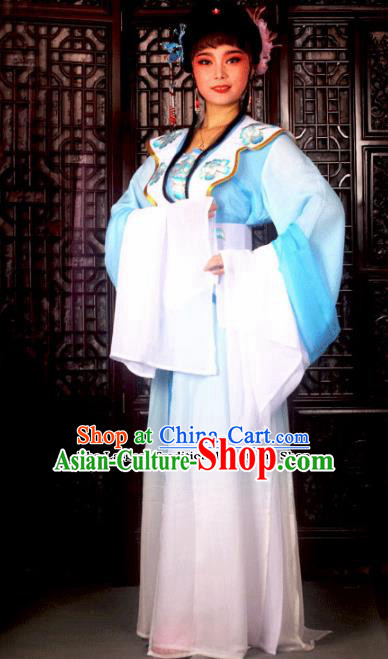 Traditional Chinese Peking Opera Princess Embroidered Costumes Ancient Peri Blue Dress for Adults