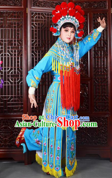 Traditional Chinese Peking Opera Blues Costumes Ancient Female General Blue Dress and Hat for Adults