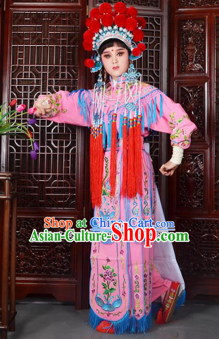 Traditional Chinese Peking Opera Blues Costumes Ancient Female General Pink Dress and Hat for Adults