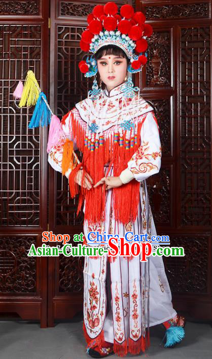 Traditional Chinese Peking Opera Blues Costumes Ancient Female General White Dress and Hat for Adults