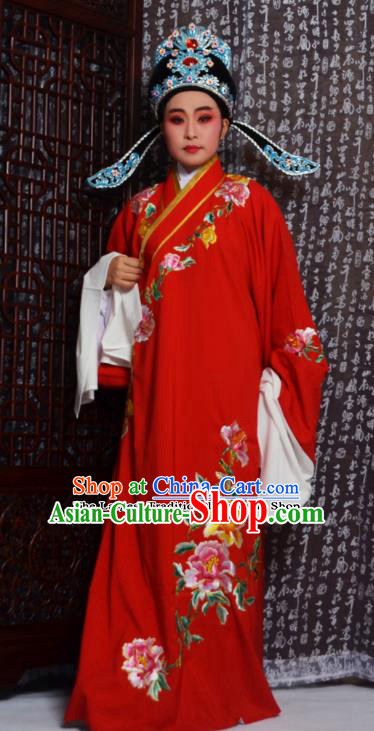 Professional Chinese Peking Opera Niche Costumes Embroidered Peony Red Robe for Adults