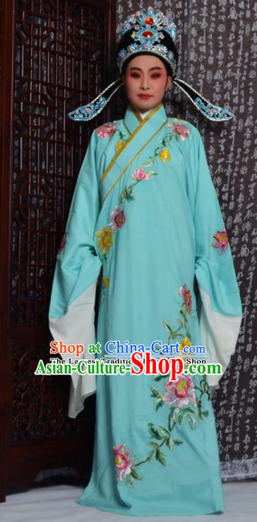 Professional Chinese Peking Opera Niche Costumes Embroidered Peony Light Blue Robe for Adults