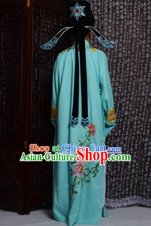 Professional Chinese Peking Opera Niche Costumes Embroidered Peony Light Blue Robe for Adults