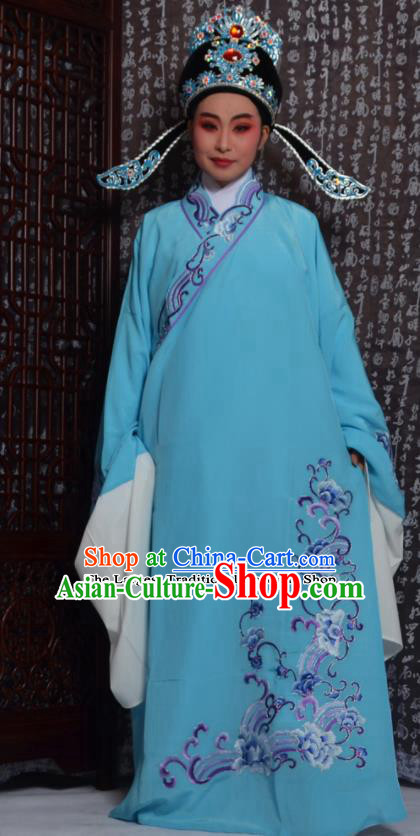 Professional Chinese Peking Opera Niche Costumes Embroidered Blue Robe for Adults