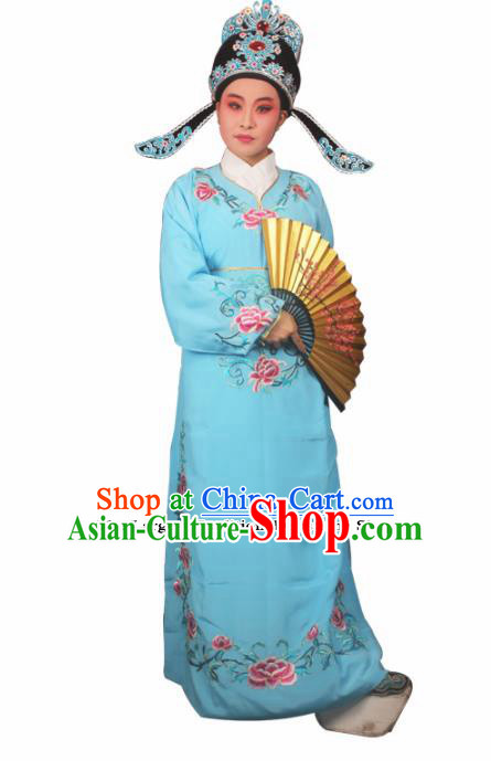 Professional Chinese Peking Opera Niche Costumes Gifted Scholar Embroidered Blue Robe for Adults