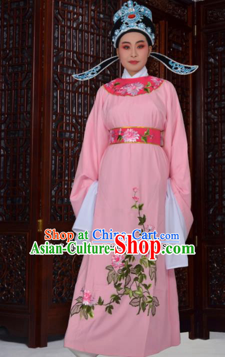 Professional Chinese Peking Opera Niche Costumes Ancient Gifted Scholar Embroidered Chrysanthemum Pink Robe for Adults