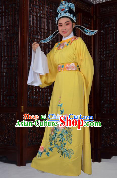 Professional Chinese Peking Opera Niche Costumes Ancient Gifted Scholar Embroidered Chrysanthemum Yellow Robe for Adults