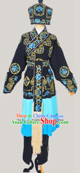 Professional Chinese Peking Opera Takefu Costumes Ancient Swordsman Embroidered Black Clothing and Hat for Adults