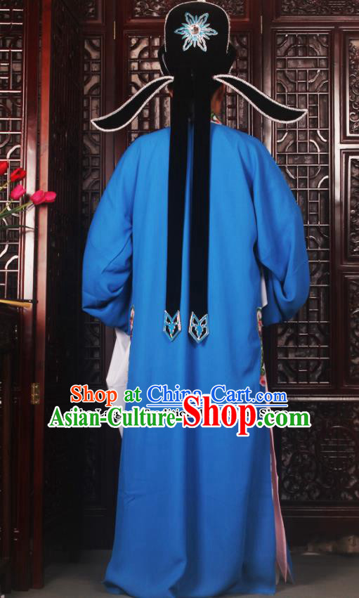 Professional Chinese Peking Opera Niche Costumes Ancient Scholar Royalblue Clothing and Hat for Adults