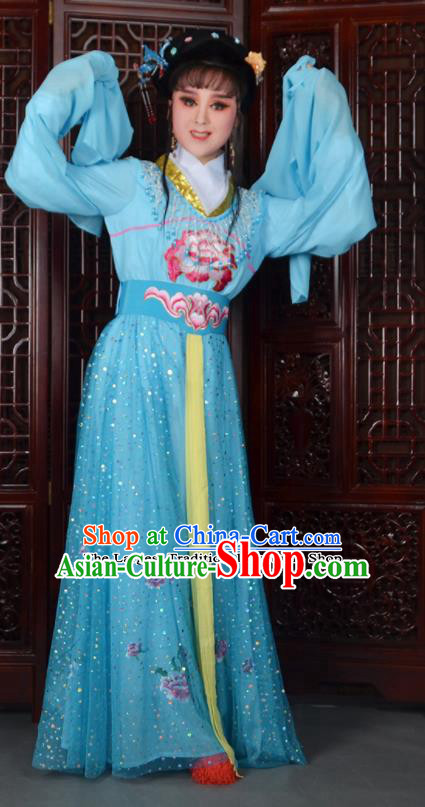 Chinese Ancient Peri Princess Embroidered Blue Dress Traditional Peking Opera Actress Costumes for Adults