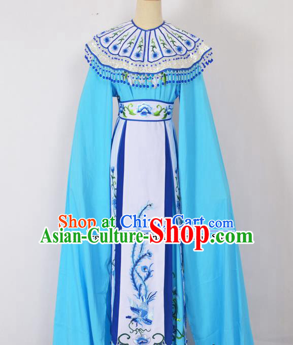 Chinese Ancient Palace Princess Embroidered Blue Dress Traditional Peking Opera Actress Costumes for Adults