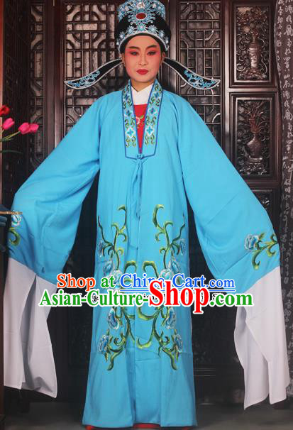 Top Grade Chinese Beijing Opera Scholar Costumes Peking Opera Niche Embroidered Blue Clothing for Adults