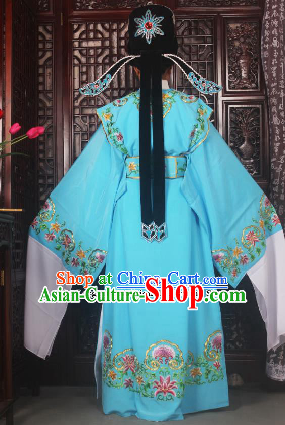 Top Grade Chinese Beijing Opera Niche Blue Costumes Peking Opera Scholar Embroidered Clothing for Adults