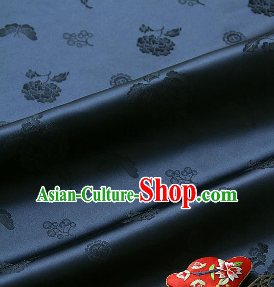 Traditional Asian Classical Peony Butterfly Pattern Navy Brocade Cloth Drapery Korean Hanbok Palace Satin Silk Fabric