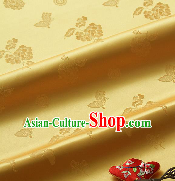 Traditional Asian Classical Peony Butterfly Pattern Yellow Brocade Cloth Drapery Korean Hanbok Palace Satin Silk Fabric