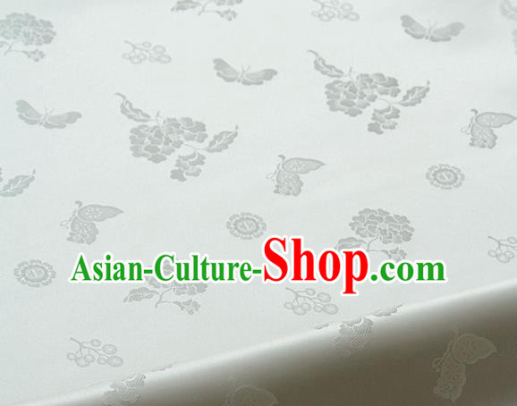 Traditional Asian Classical Peony Butterfly Pattern White Brocade Cloth Drapery Korean Hanbok Palace Satin Silk Fabric
