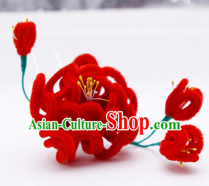 Chinese Traditional Hair Accessories Ancient Princess Red Velver Chrysanthemum Hairpins for Women