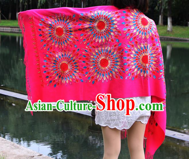 Chinese Traditional Scarf Yunnan National Rosy Wool Cloak for Women