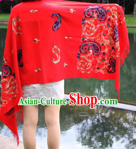 Chinese Traditional Embroidered Scarf Yunnan National Red Wool Cloak for Women