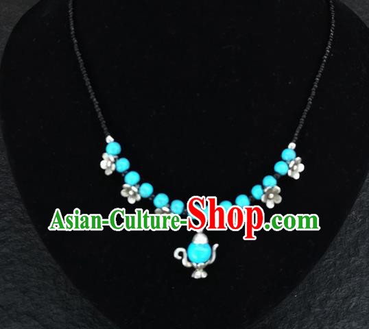 Chinese Traditional Jewelry Accessories Yunnan National Blue Beads Flagon Necklace for Women