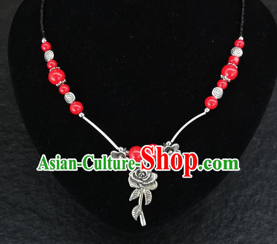 Chinese Traditional Jewelry Accessories Yunnan National Rose Pendant Red Beads Flagon Necklace for Women