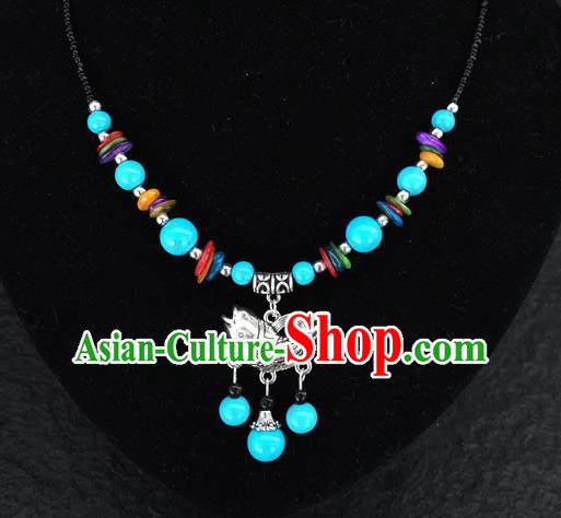 Chinese Traditional Jewelry Accessories Yunnan National Fish Pendant Blue Beads Flagon Necklace for Women