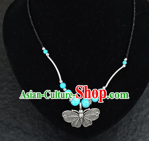 Chinese Traditional Jewelry Accessories Yunnan National Butterfly Pendant Blue Beads Necklace for Women