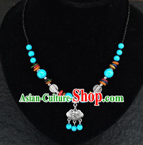 Chinese Traditional Jewelry Accessories Yunnan National Blue Beads Longevity Lock Minority Necklace for Women