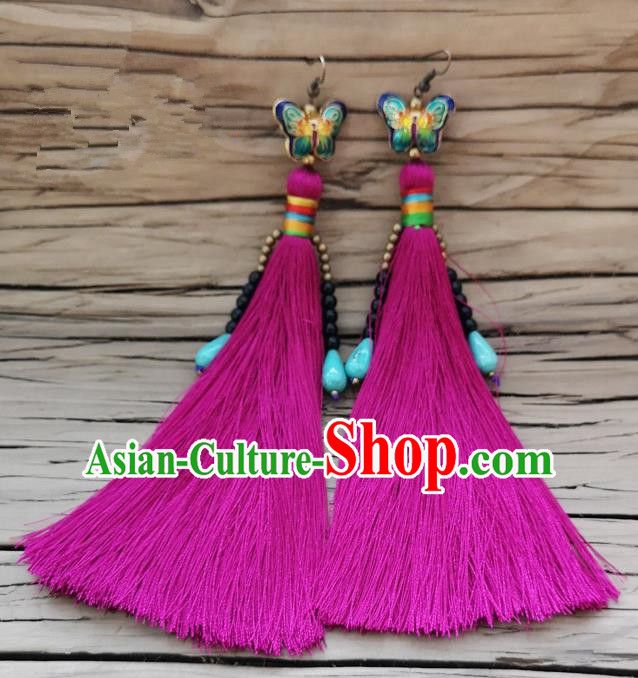 Chinese Traditional Embroidered Butterfly Earrings Yunnan National Rosy Tassel Eardrop for Women