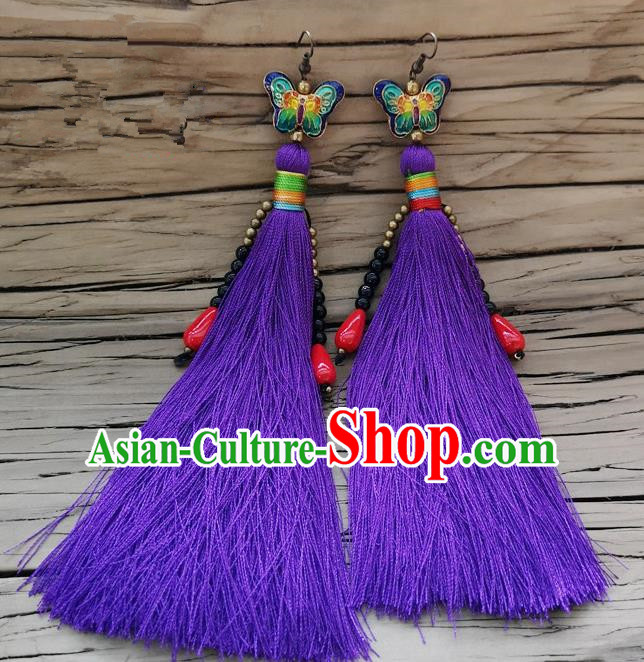 Chinese Traditional Embroidered Butterfly Earrings Yunnan National Purple Tassel Eardrop for Women