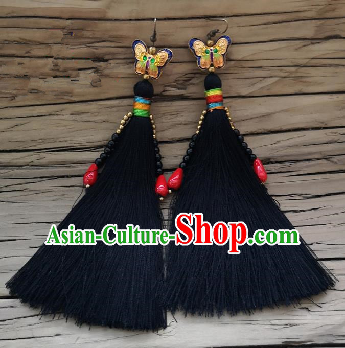 Chinese Traditional Embroidered Butterfly Earrings Yunnan National Black Tassel Eardrop for Women