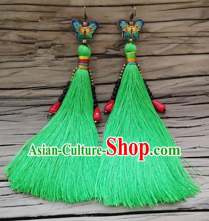 Chinese Traditional Embroidered Butterfly Earrings Yunnan National Green Tassel Eardrop for Women